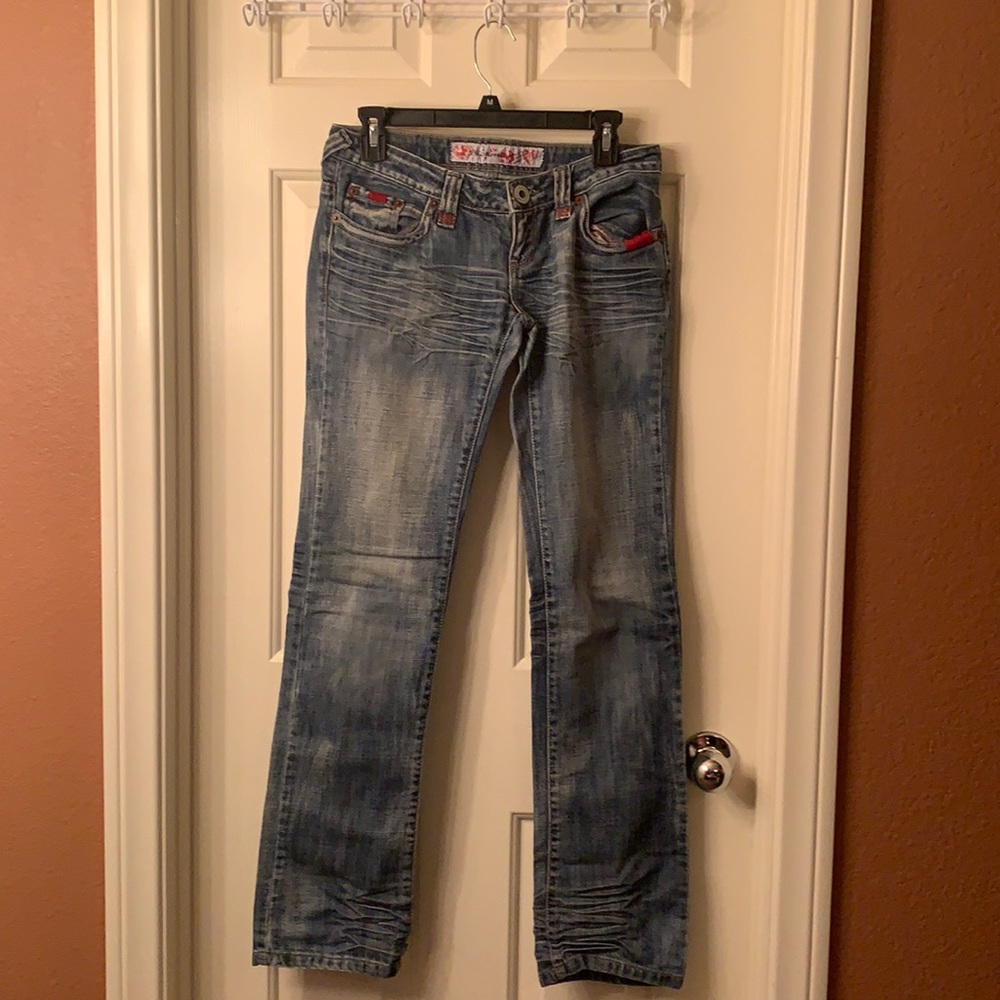 J F Morris Women’s Jeans. Size 27. Washed and Red Stitches.